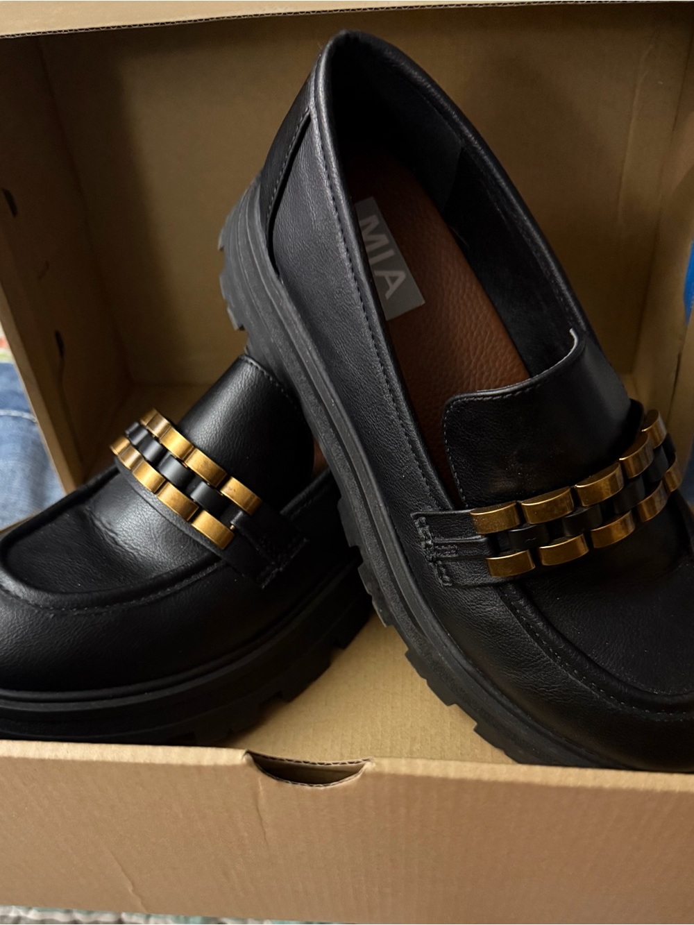MIA Black Leather Loafers with Gold Chain Accents
